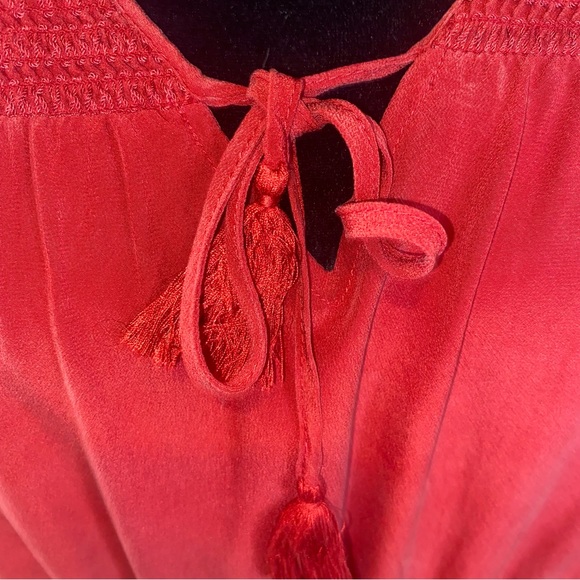 Madewell Red Silk Size 8 Elastic Waist Smocked Shoulder Long Sleeve Mini Dress - Picture 8 of 10